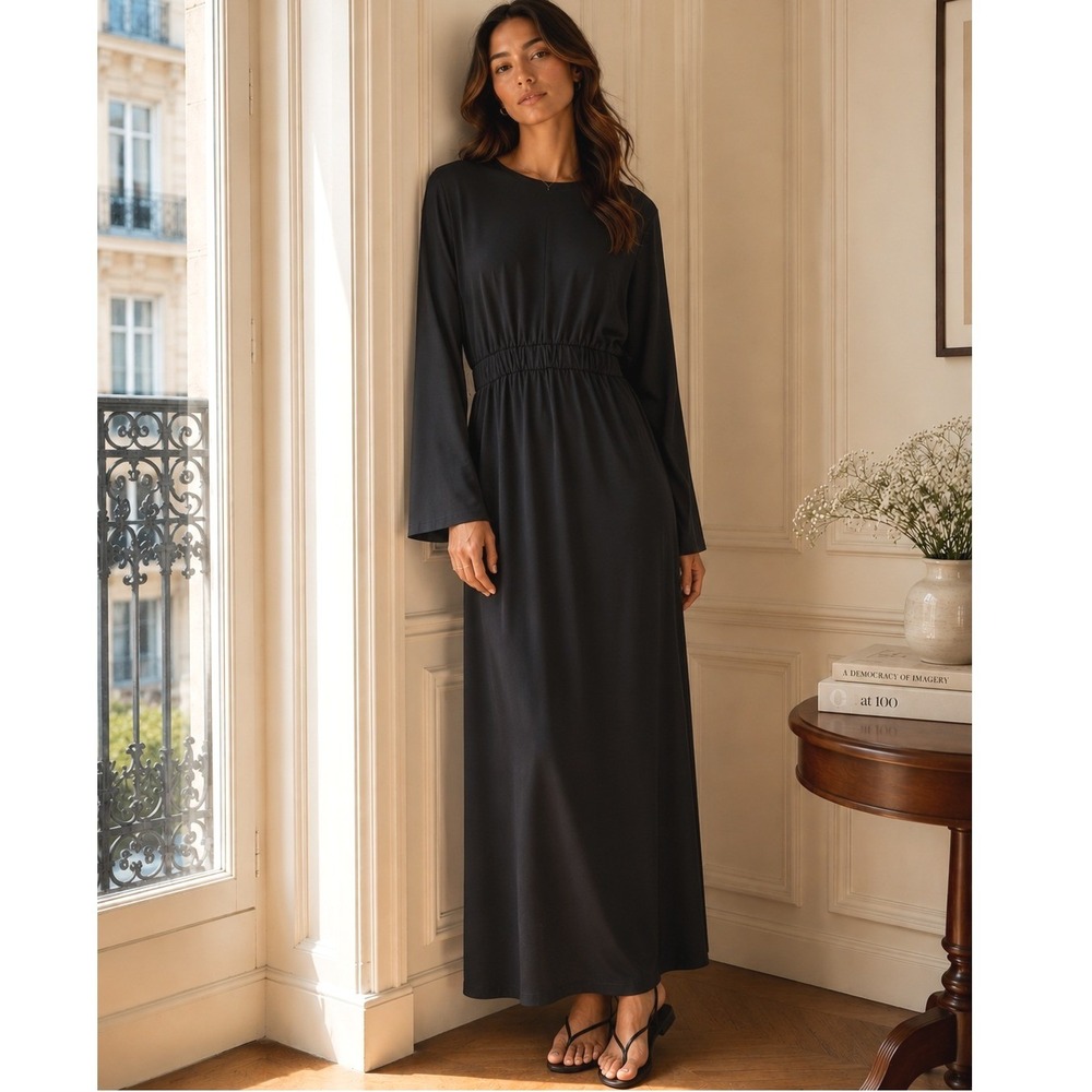 Veiled Black Cinched Waist Maxi Dress Long Sleeve Minimalist Size Large